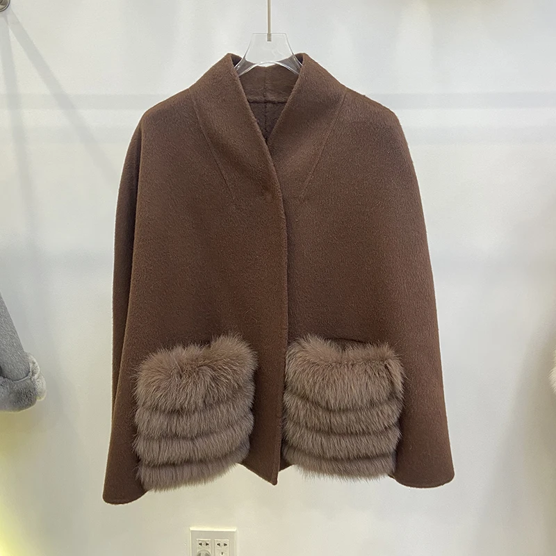 Women Autumn Oversize Woolen Cape Loose Real Fox Fur Decoration Pocket Woolen Cloak Coat