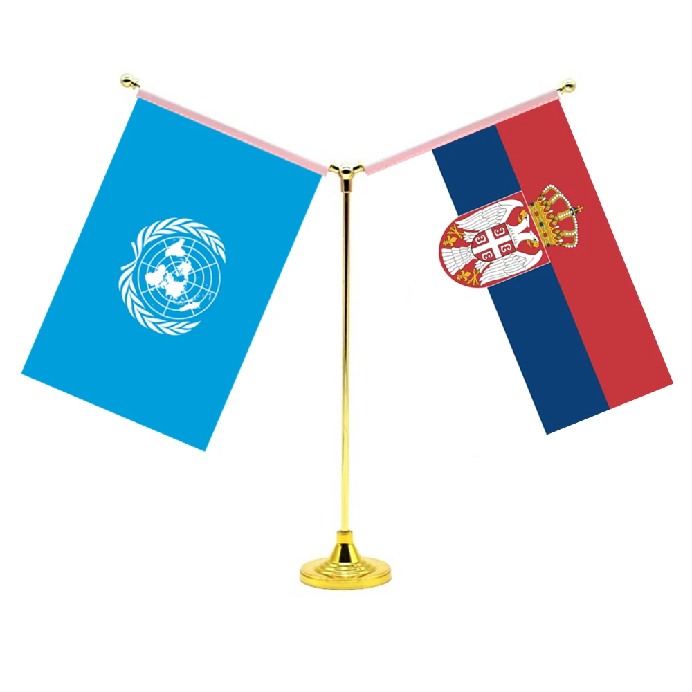 

14x21cm Mini Serbian Flag Office Decoration With Two Flags Of The United Nations And Serbia