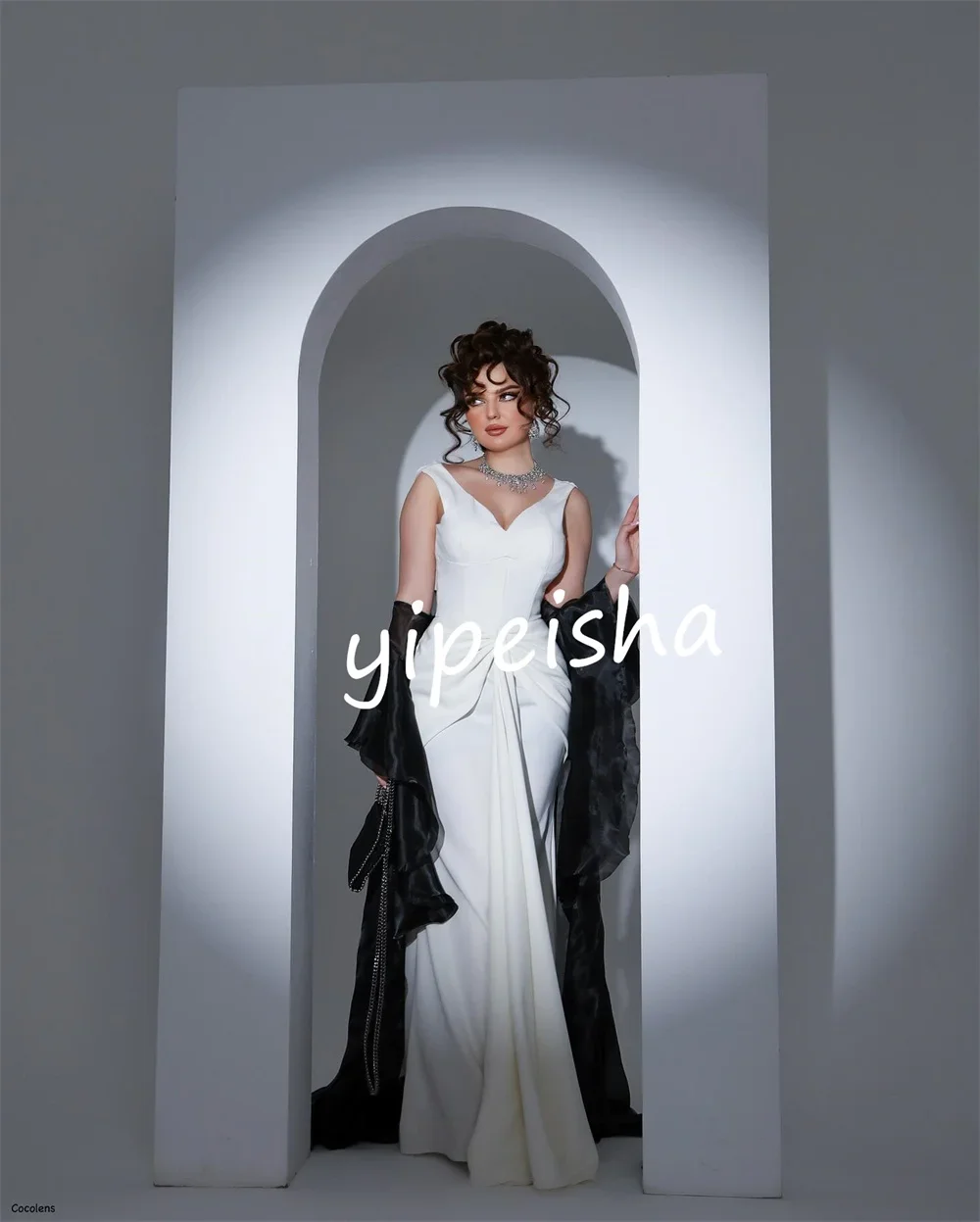 تخصيص عالية الجودة جيرسي الطية مستقيم الخامس الرقبة فساتين طويلة فساتين السهرة النمط الصيني رائعة الرعوية الأزياء الأنيقة #3