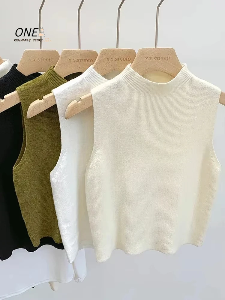 

Spring Autumn Temperament Knitted Sweater Vest Women's Half-turtleneck Camisole Cropped Top Sleeveless Tank Top