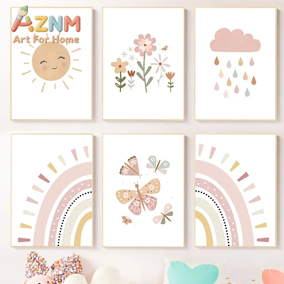 AZNM Boho Kids Canvas Wall Art Smiling Sun Rainbow Flower Butterfly Cloud Rain Drop Print Poster for Girls Nursery Bedroom Home