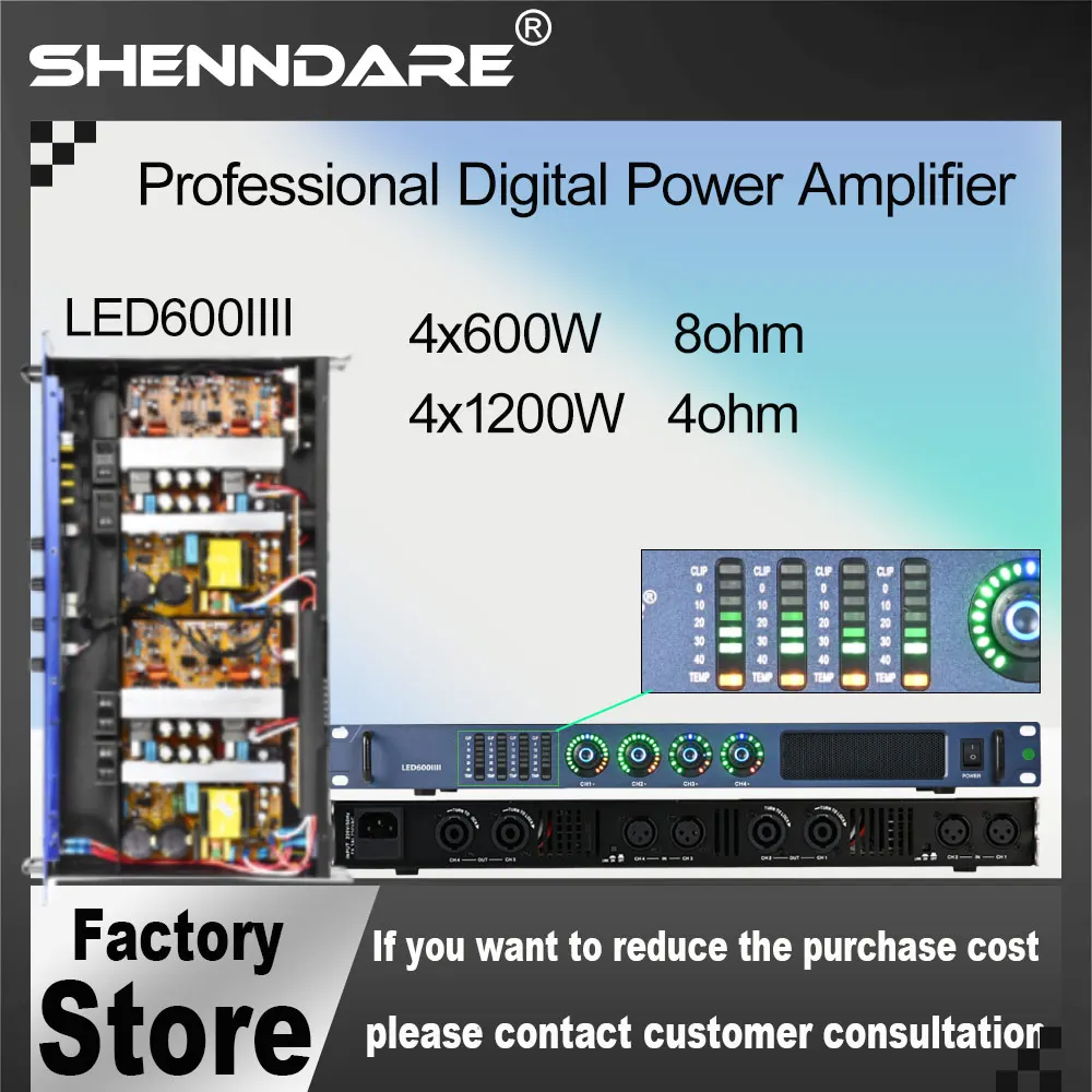 

ShennDare LED600 4X600W Профессиональный усилитель мощности 4 канала Стерео линейный массив Предусилитель динамиков DJ Усилитель сабвуфера Класс D Усилитель звука для сцены PFC 90V-270V