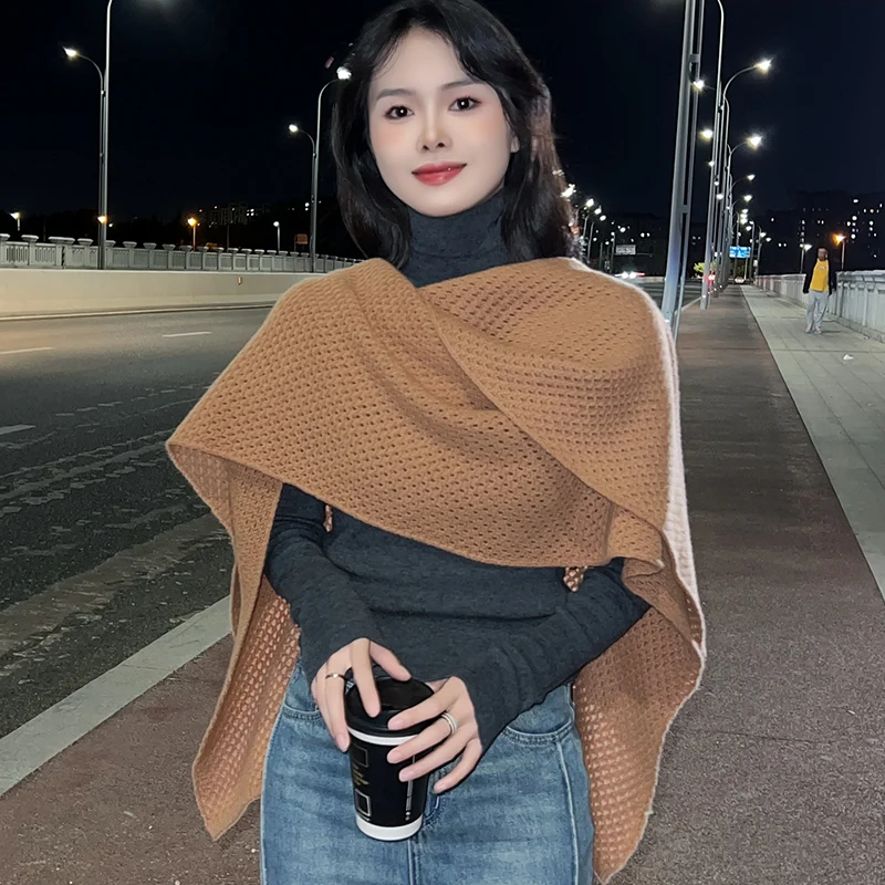 Wool Knitted Korean Edition Internet Celebrity Shawl Autumn/Winter Warm New Solid Color Hollow Scarf Fashion Cloak High end Coat