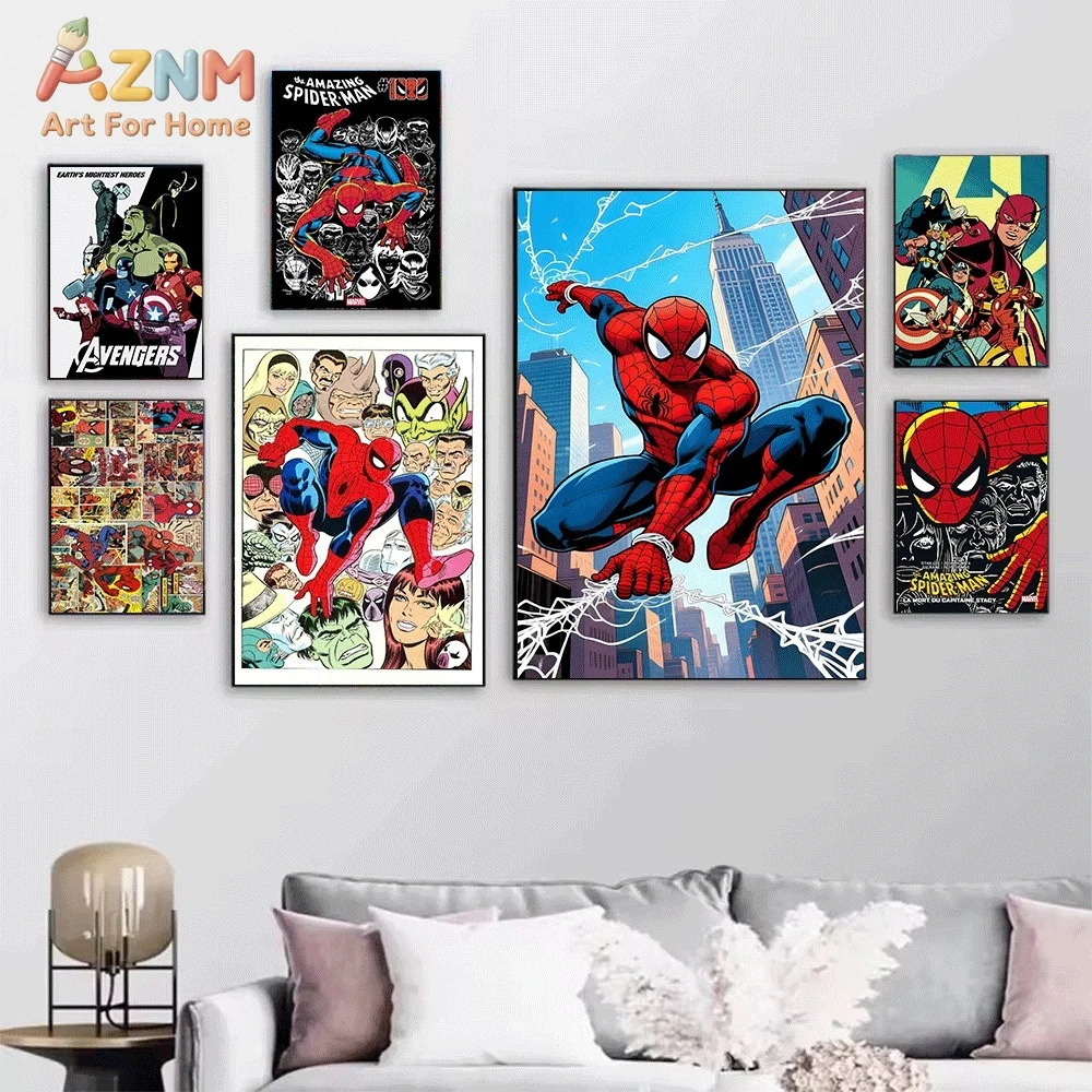 AZNM Captain America And Iron Man Face‑Off Retro Canvas Wall Print, Superhero Spider‑Man Crouch Pose Vintage Comic Pop Graphic