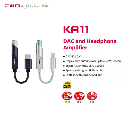 FiiO KA11 Type C/Lightning to 3.5mm Audio Adapter 32bit/384KHz, USB Dongle HiFi DAC Amplifier for Android/iOS/Win
