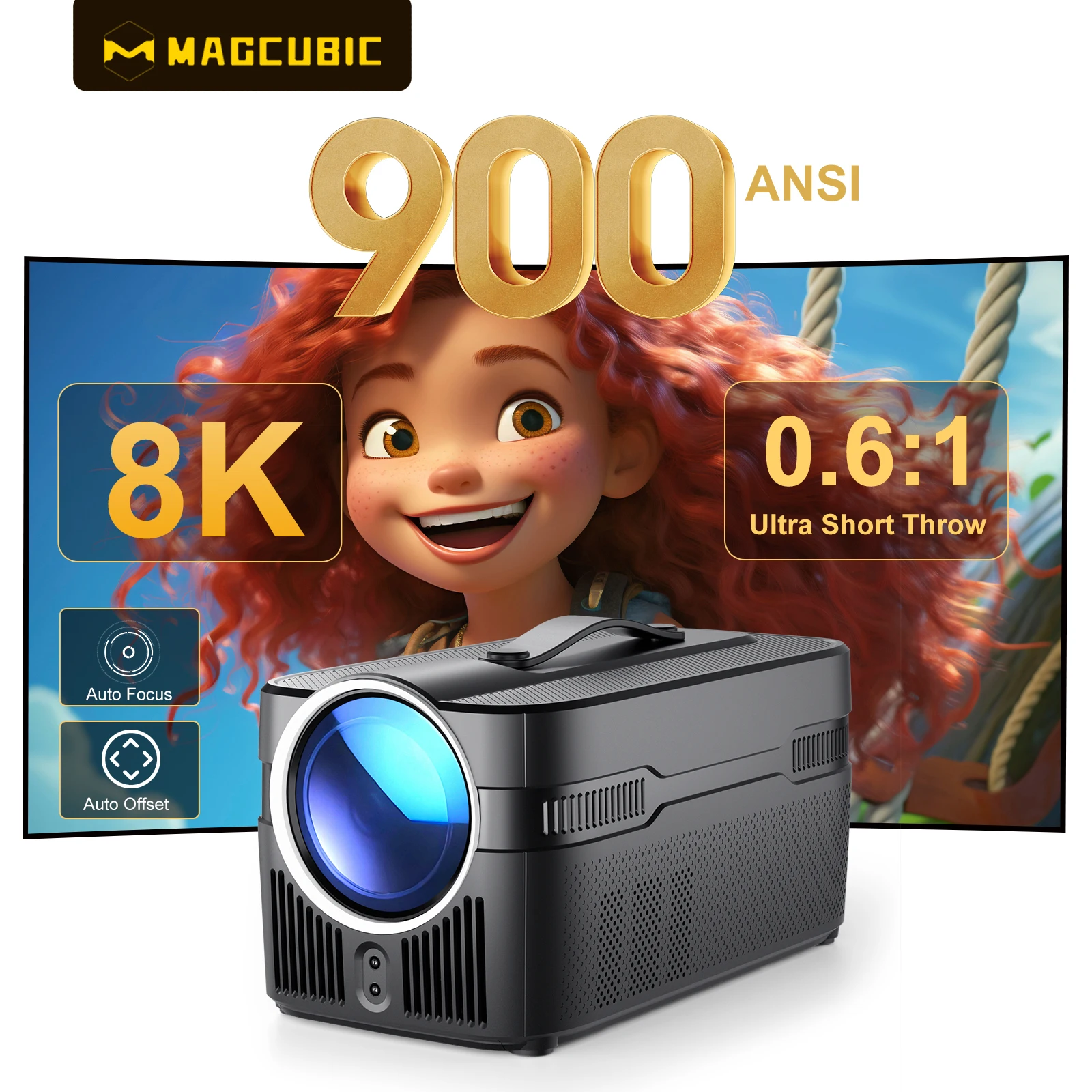 Proyector de Tiro Ultra Corto con Enfoque Automático Magcubic, 900ANSI, con Auto Offset, 1080P, 8K HD, WiFi6, BT5.4, Allwinner H726, Voz, HY450C