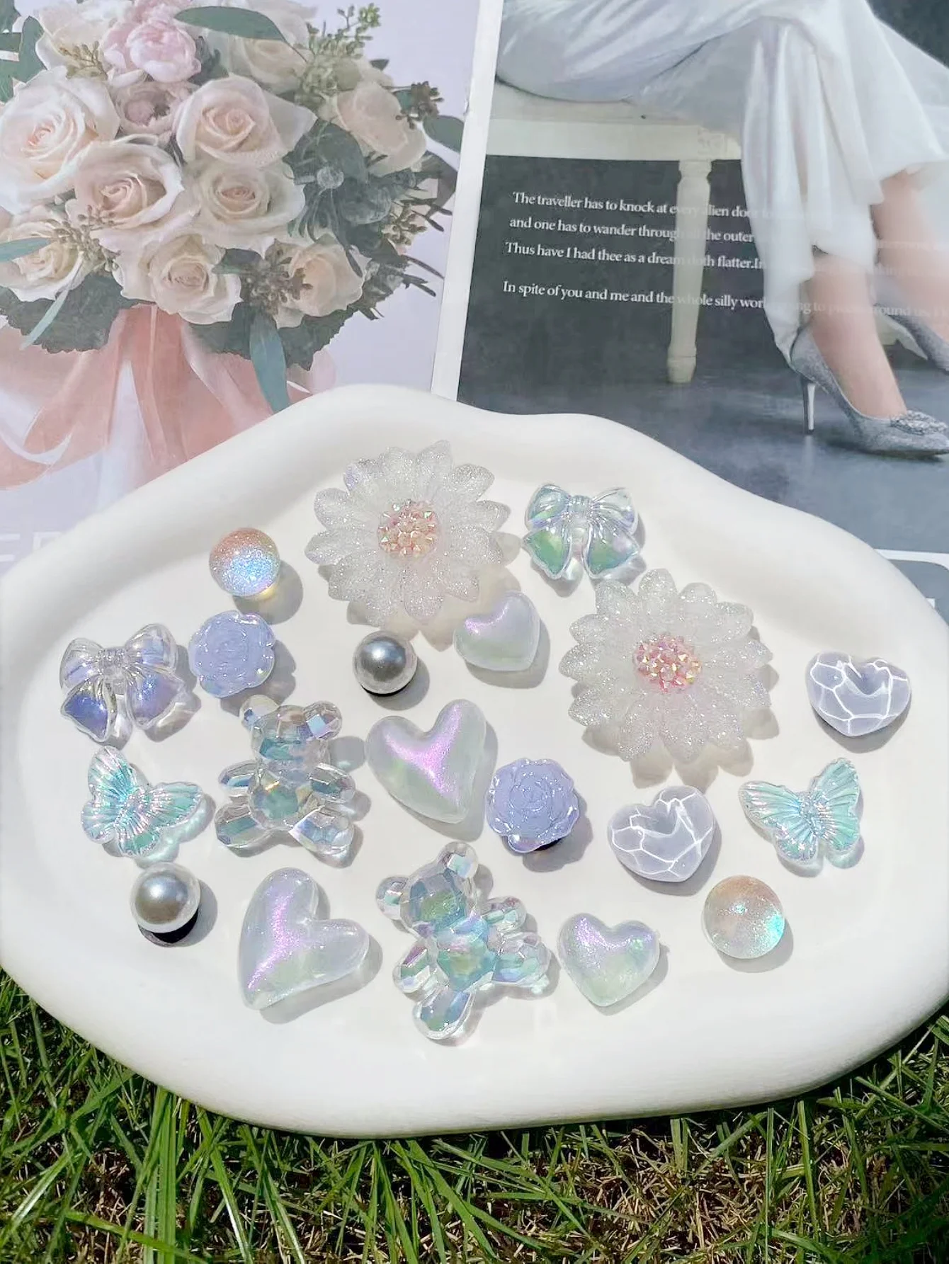 20 زهرة بيضاء، دب، قوس، تموج الماء، فراشة، لؤلؤ ABS، إبزيم حذاء دائري مطرز، ديكورات ذاتية الصنع، شو متعدد الوظائف #6