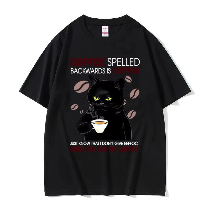 Coffee Spelled Backwards Cat Funny Meme T-shirt Men Women Fashion Humor Oversized T Shirts Male Casual Cotton Crewneck T-shirts