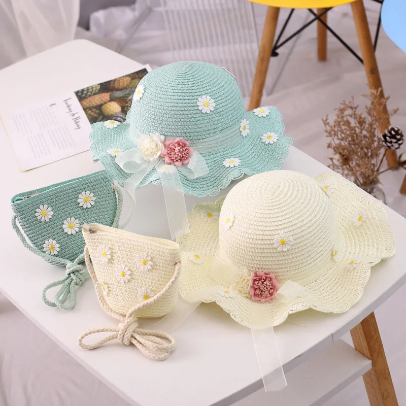 Girls Chamomile Floral Straw Hat Handbag Sets Child Baby Straw Hat Kids Outdoor Beach Sun Hat Bags Set Travel Holiday Sun Cap