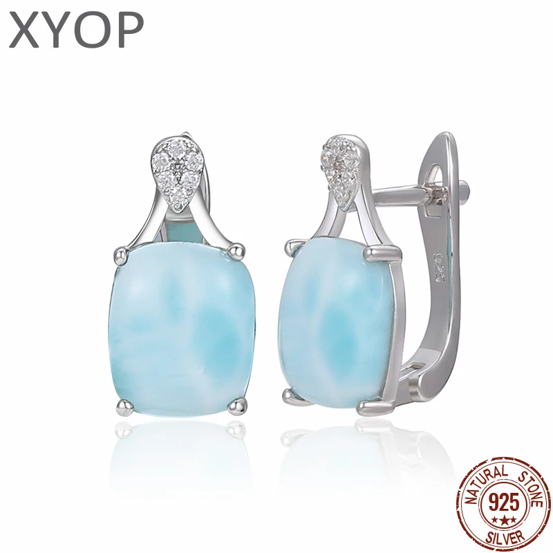 XYOP Trendsetter Big Stone Natural Larimar Earring 925 Sterling Silver Pretious Larimar Earring for Women Party Gift