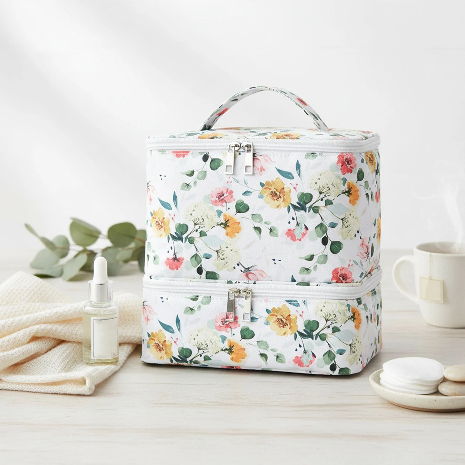 PU Leather Nail Polish Organizer Case with Separate Compartments Bow Floral Cosmetic Bag Pouch Handheld Double Layer for Women