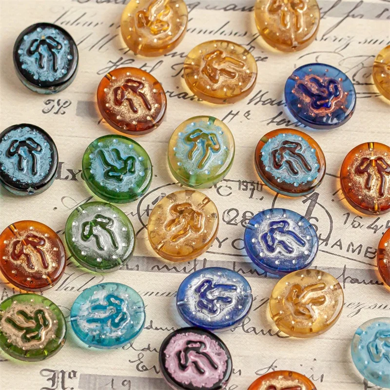 

Retro style 50pcs/lot color pattern print bow core geometry ovals shape glass straight hole beads diy jewelry garment accessory