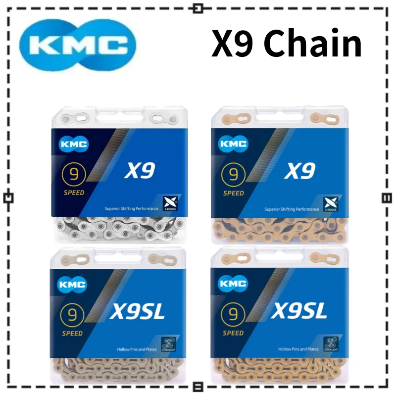 KMC 9S Bike Chain X9 MTB Road Bicycle Silver Gold Chain 9V 9 Speed Bike Chain Bike Crankset for Shimano SRAM Bikes Parts