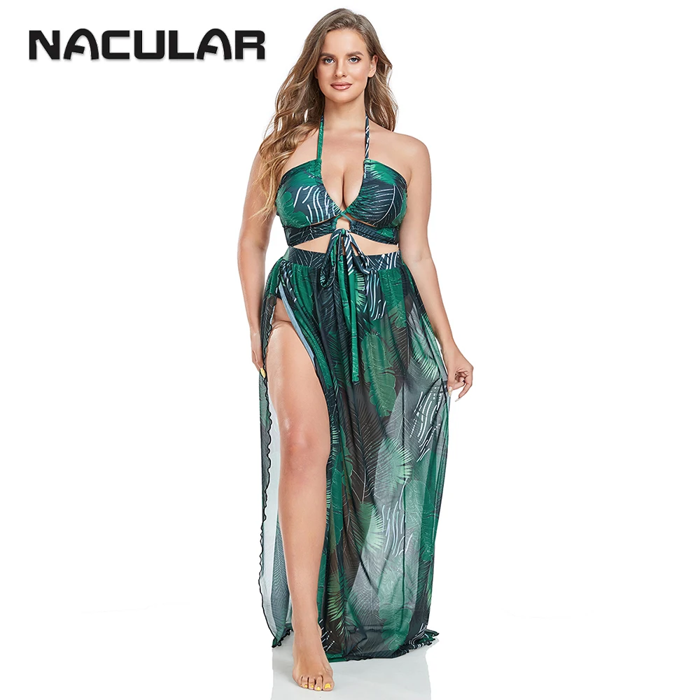 NACULAR 3 Pieces Large Size Bikini Printed Swimsuit Women Swimwear Female Bathing Beachwear Halter High Waist 2024 New Lace Up