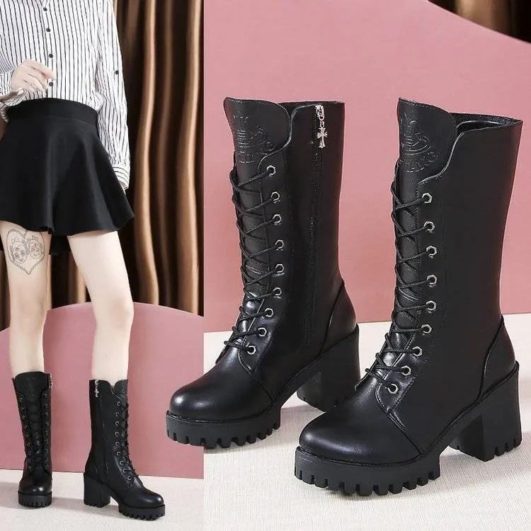 Autumn Shoes Woman Mid Calf Boots Winter Casual Platform Block High Heels Boots Female Lace Up Zipper Ladies Leisure