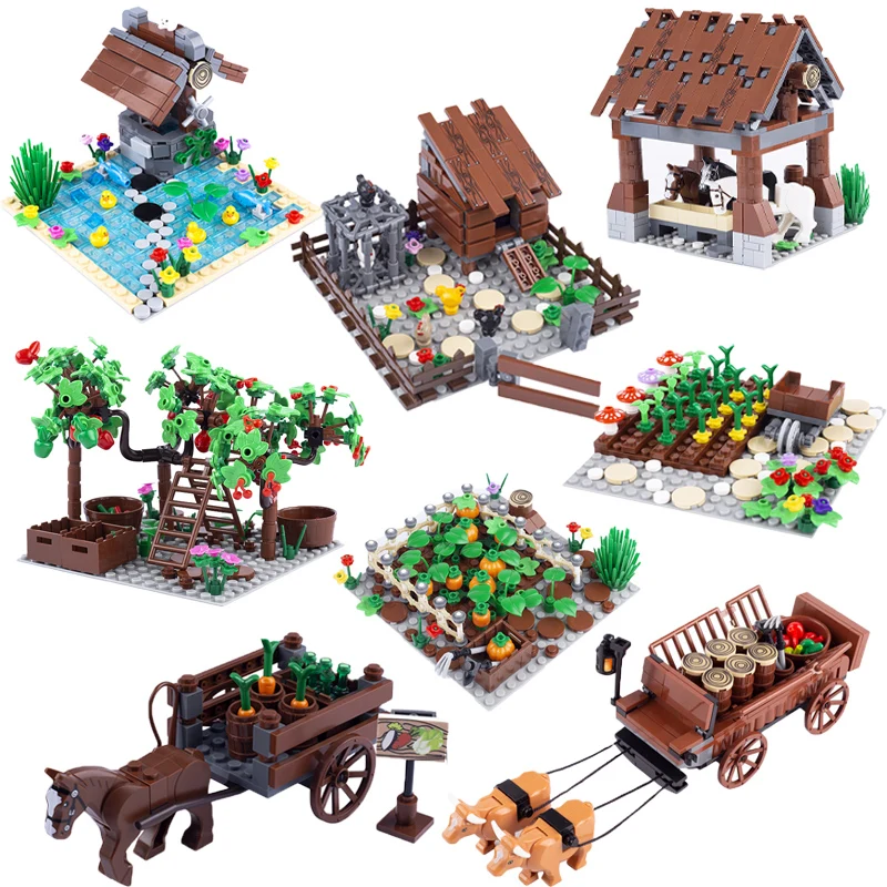 City Farm Series Building Blocks Street View Chicken Coop Scene Well Horse Stable Apple Cherry Trees Animal Bricks Friends Toys