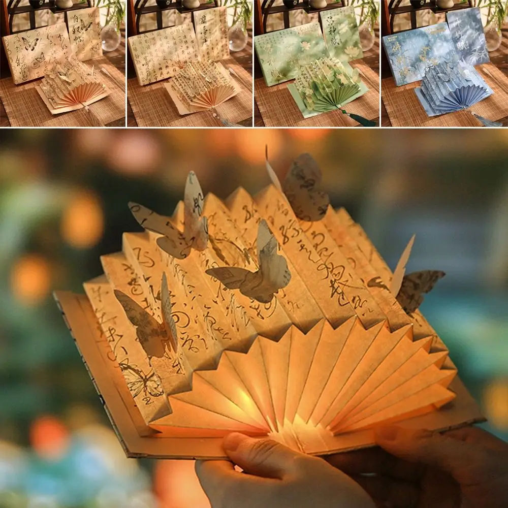 3D Stereoscopic DIY Book Lamp Fan Shaped Calligraphy Art Book Light Ancient Style Famous Paintings Folding Book Lamp Home