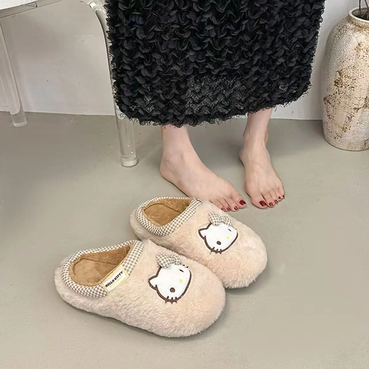 

real photos 2025 autumn winter new Cute hello kitty cartoon fashion women pink brown white khaki Plush soft warm cotton Slippers
