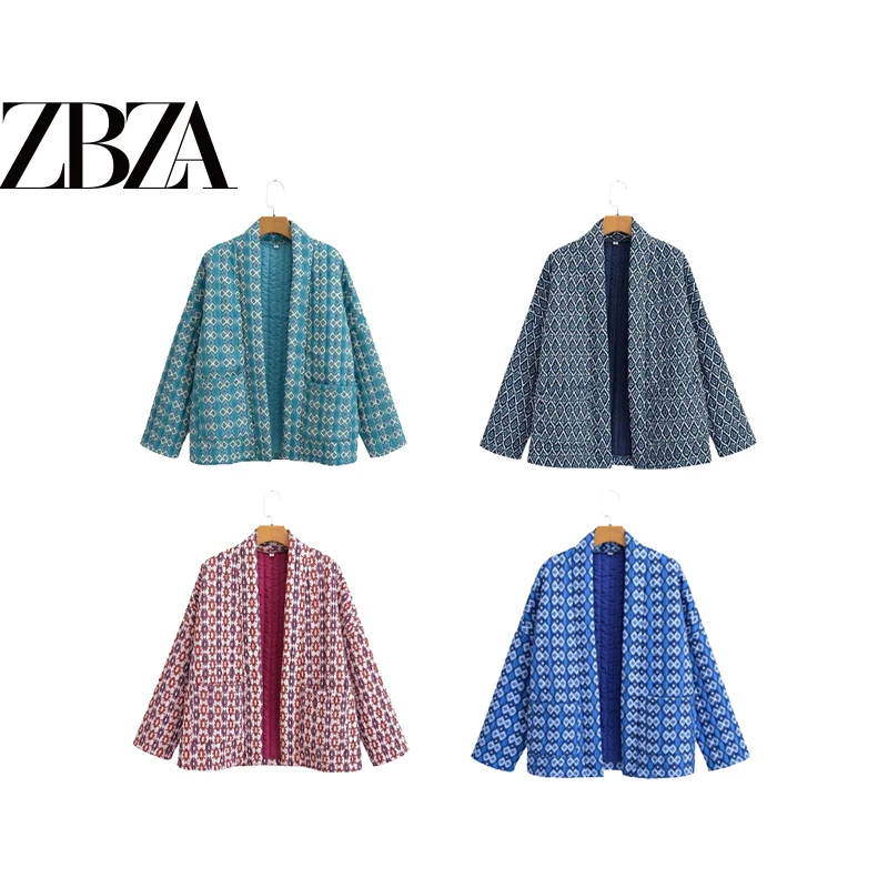 Fashionable Printed Cotton Jacket Stand Collar Buttonless Quilted Polyester Women's Short Outerwear Standard Fit Autumn Coat