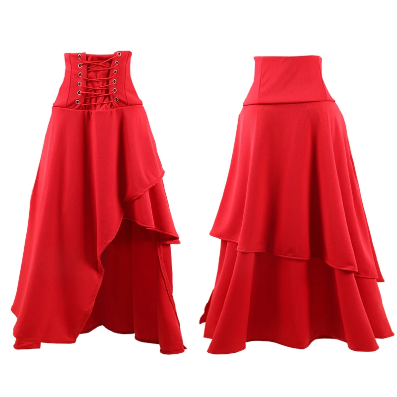 กระโปรงวินเทจสไตล์สตีมพังค์สำหรับผู้หญิงกระโปรงยุคกลางลูกไม้ชุดกระโปรงกระโปรงอสมมาตรนางฟ้าวิคตอเรียสีดำ