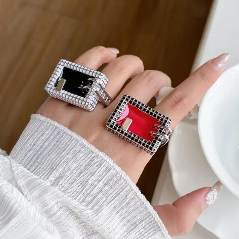 Mini Swimming Pool Shape Ring Enamel Grid Square Finger Ring Sweet Cool Y2K Exaggerated Girl Ring Party Fashion Jewelry Gift