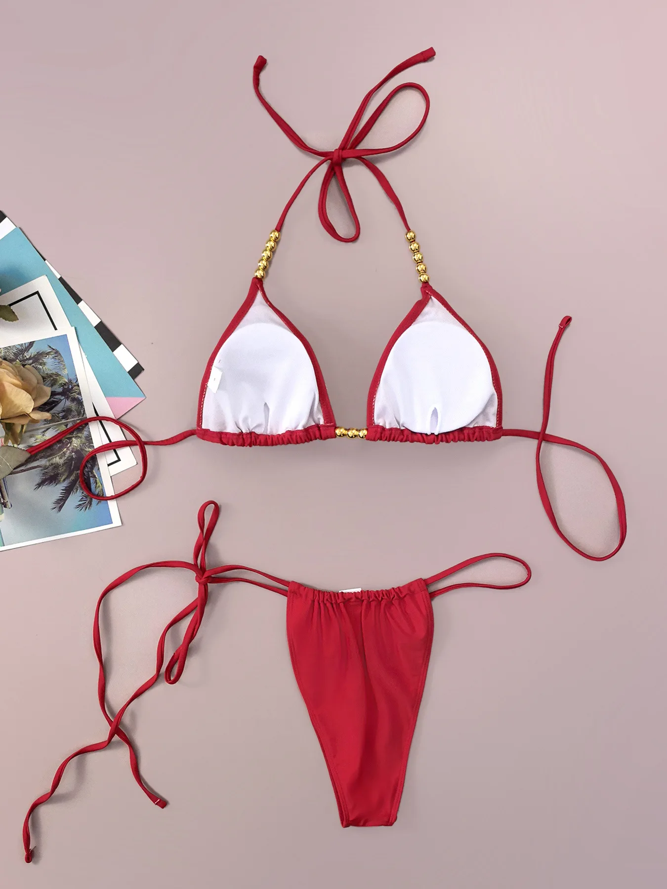 sexy 3d red three flower micro beads bikinis sets two pieces thong swimsuits beachwear bathing suit swimwear biquini tankini