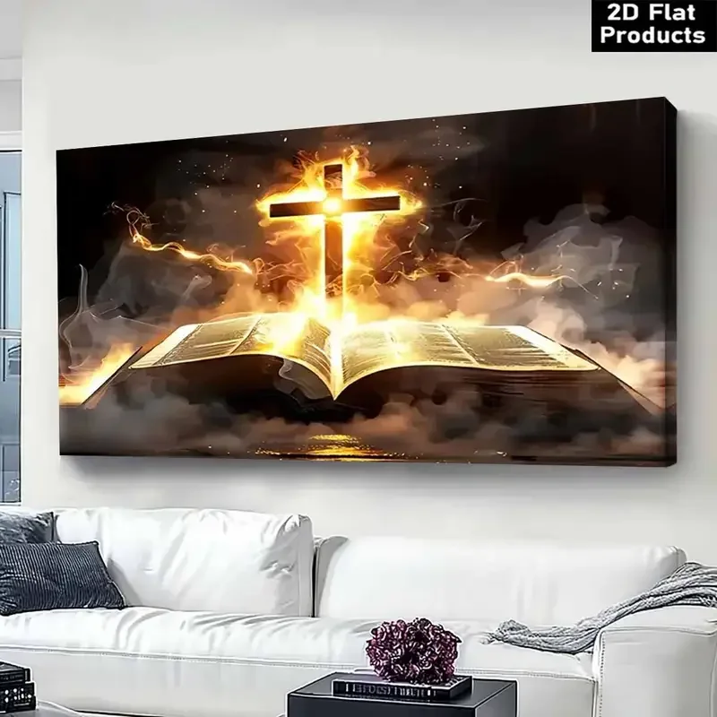 Frameless cross and flame book art decorative painting, religious wall decoration, spiritual wall art, suitable for home decor