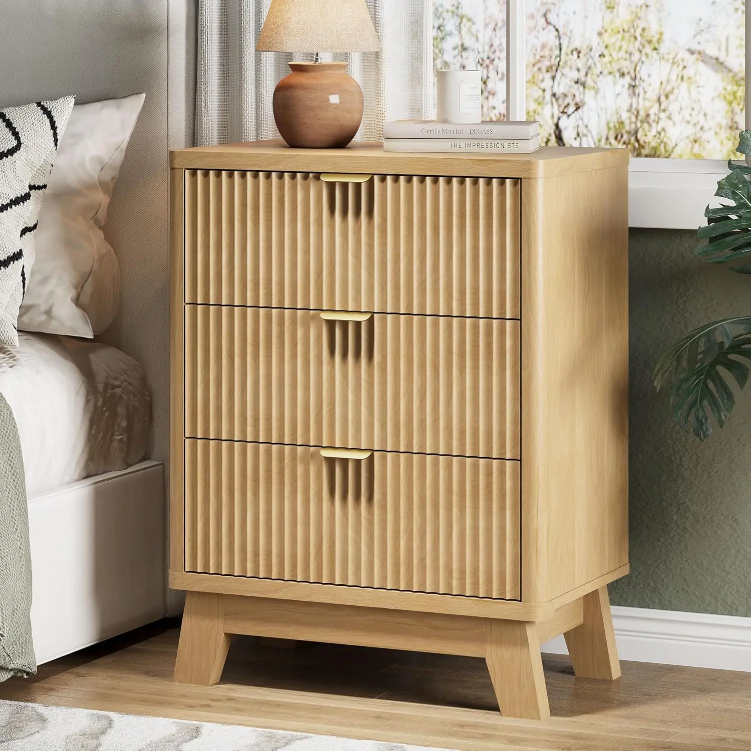 

Fluted Nightstand with 3 Storage Drawers, 24" Wide Wood Bedside Table with Mental Handle, Mid Century Modern Wooden Side Table