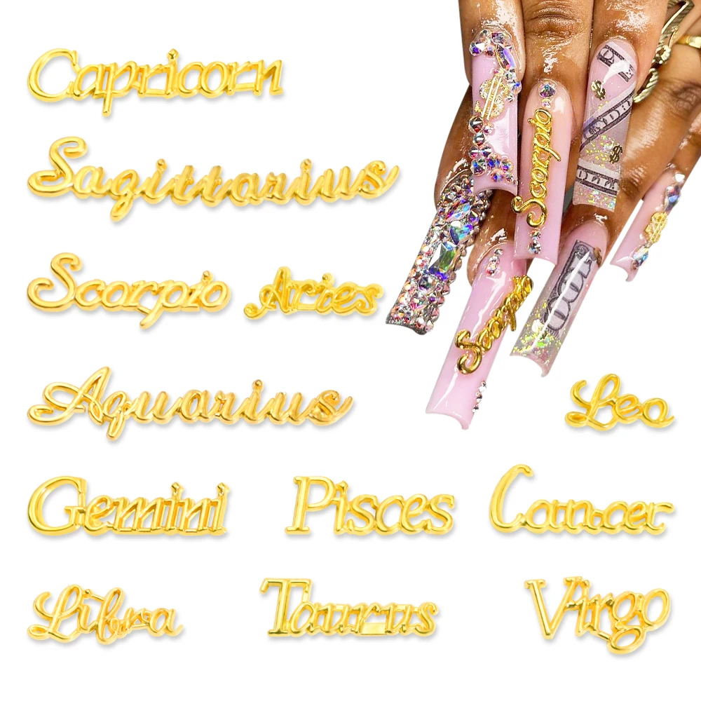 12 ピース/セット 3D ゴールド/シルバー合金星座文字デザインネイルアートチャームアルファベットネイルアートの装飾ジュエリー DIY マニキュア用品