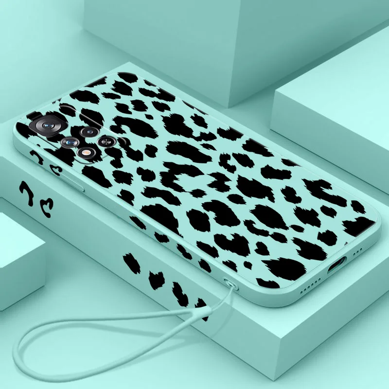 Black Leopard Print Graphic Liquid Left Rope Phone Case For Redmi Note 13 12 11 10 9 Pro Max Lite S T E Plus 4G 5G Funda Soft