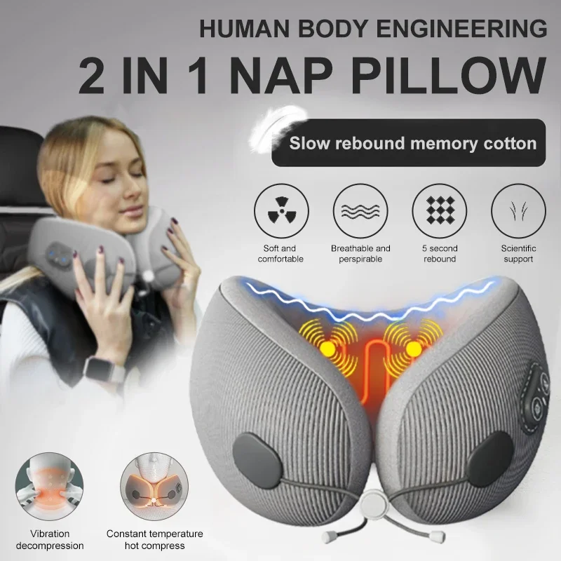 Travel Neck Pillow Electric Neck Massager with Heating U-shaped Memory Foam Pain Relief Ergonomic Nap Pillows Airplane Car Gift