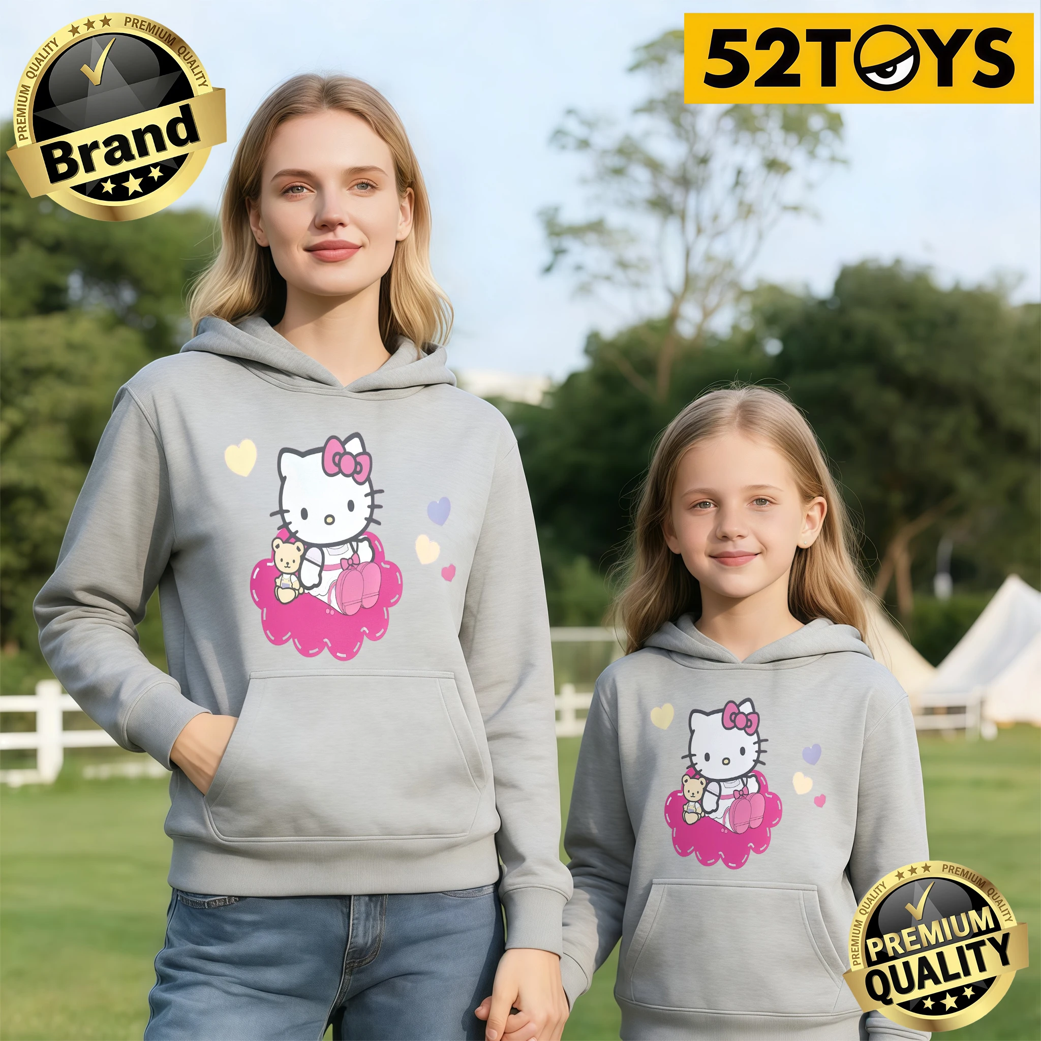 

2026 Autumn-Winter Trending Hello Kitty & Teddy Bear Print 100% Cotton Family Hoodies, High Quality Single Piece Available Y2K