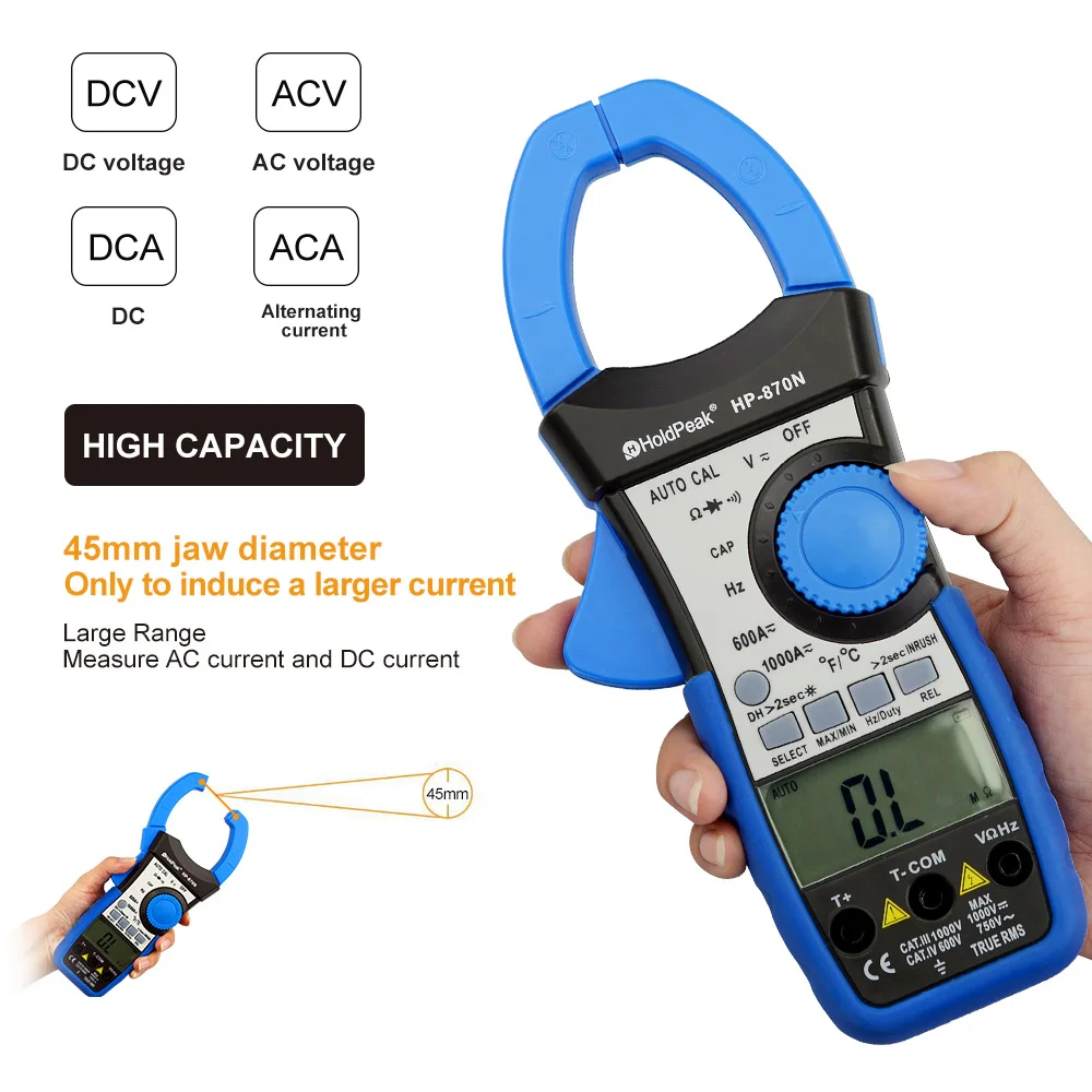 HoldPeak HP-870N Digital Clamp Meter - High-Precision Multimeter with Auto-Ranging, Overload Protection, and Backlit Display