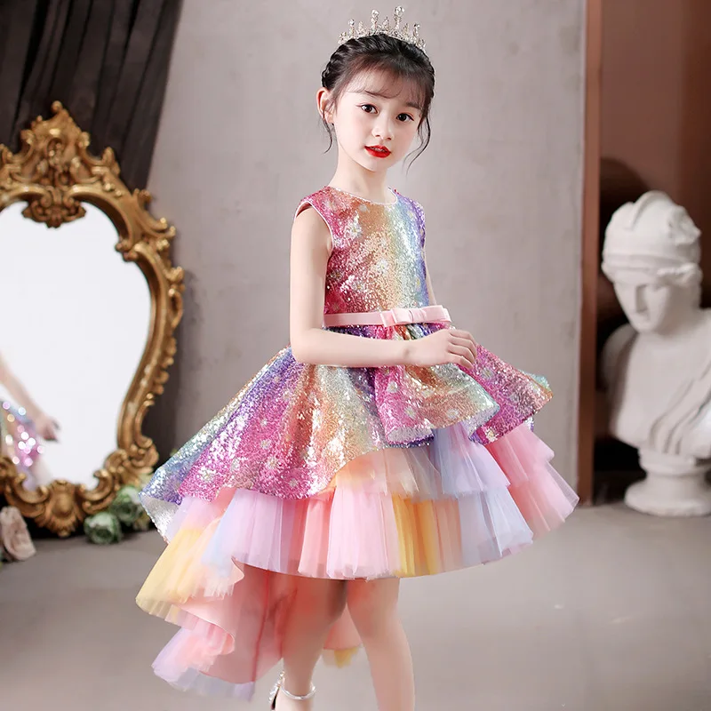 Custom Luxury Dress Wedding Guest Gown Flower Girl Gown Birthday Party Gown Pageant Show Rainbow Sequin Irregular Hem Tulle Gown