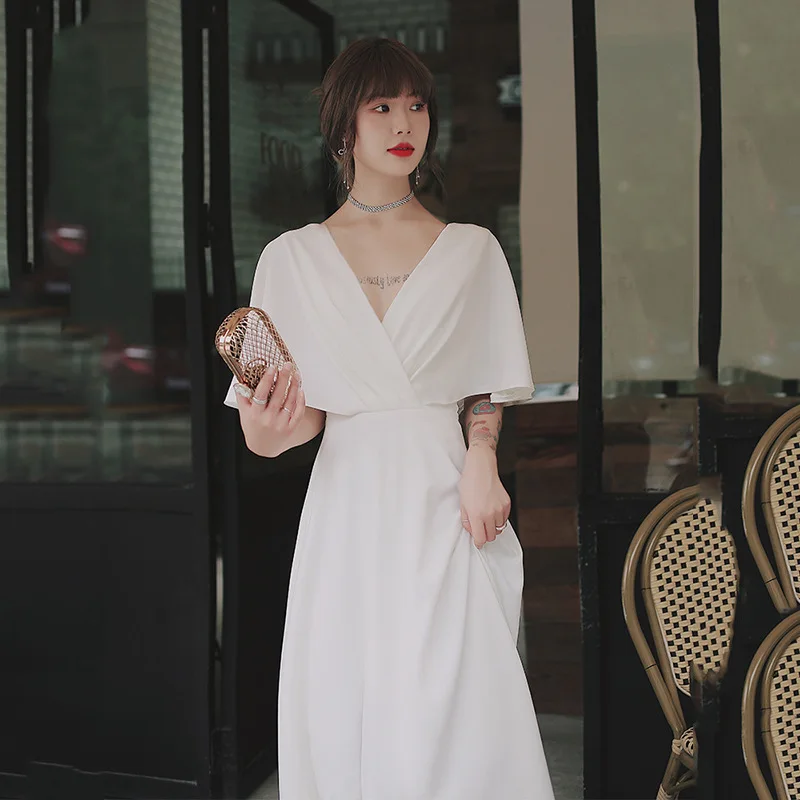 فستان سهرة أبيض بسيط متعدد الاستخدامات يمكن ارتداؤه بشكل يومي، فستان خطوبة فرنسي أنيق من الساتان