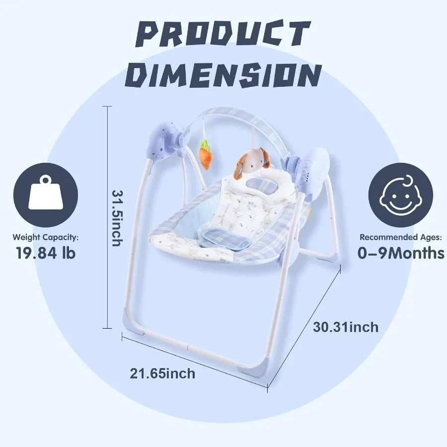 ポータブルベビーブランコ 乳児用（0～9ヶ月、6～20ポンド） コンパクトで折りたたみ可能、5段階の揺れ速度、音楽、タイマー、クッションシート、電池式