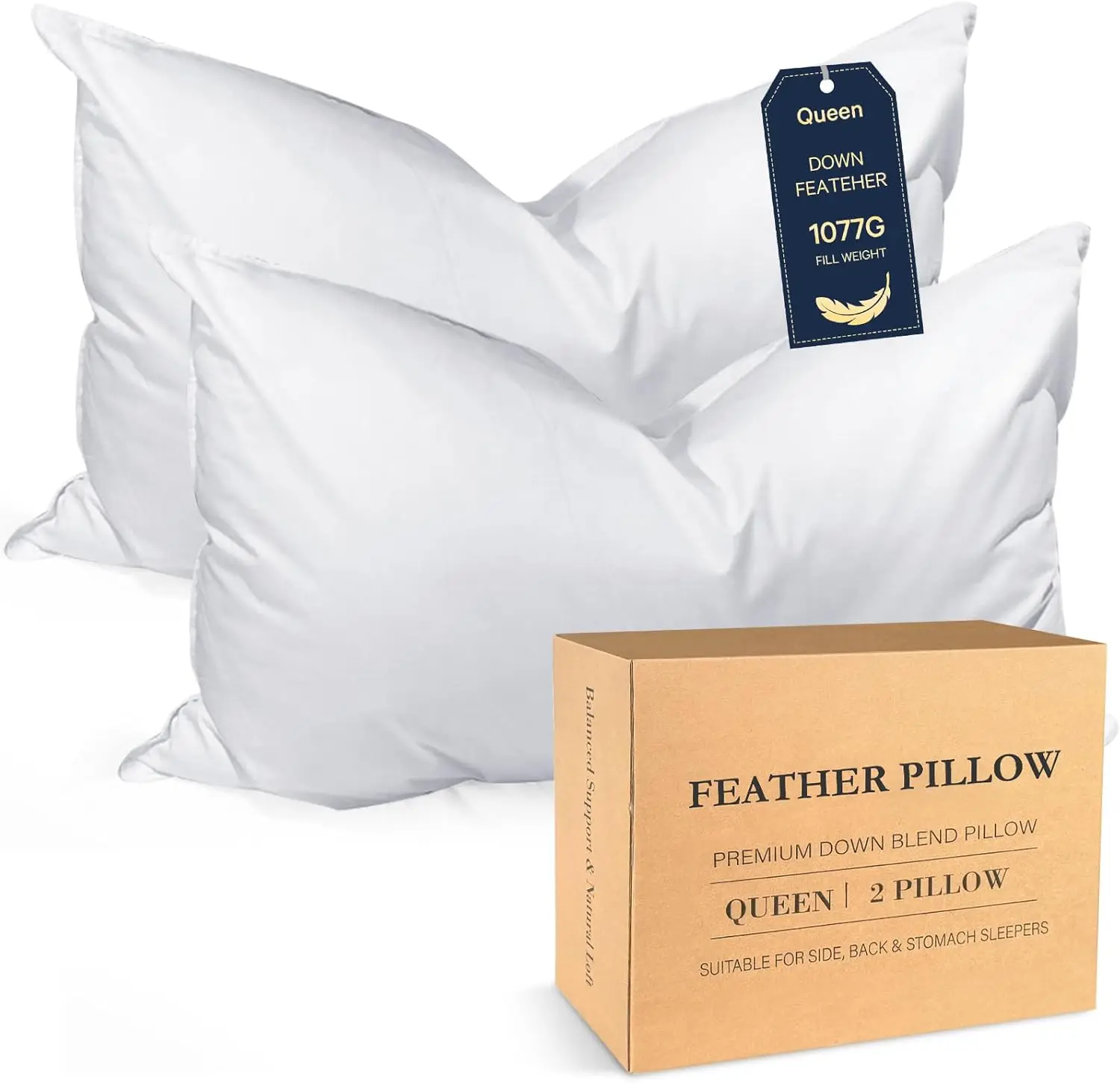 

Hotel Collection Goose Down Feather Pillows, Queen Size Set of 2, Medium Firm Support for Side and Back Sleepers