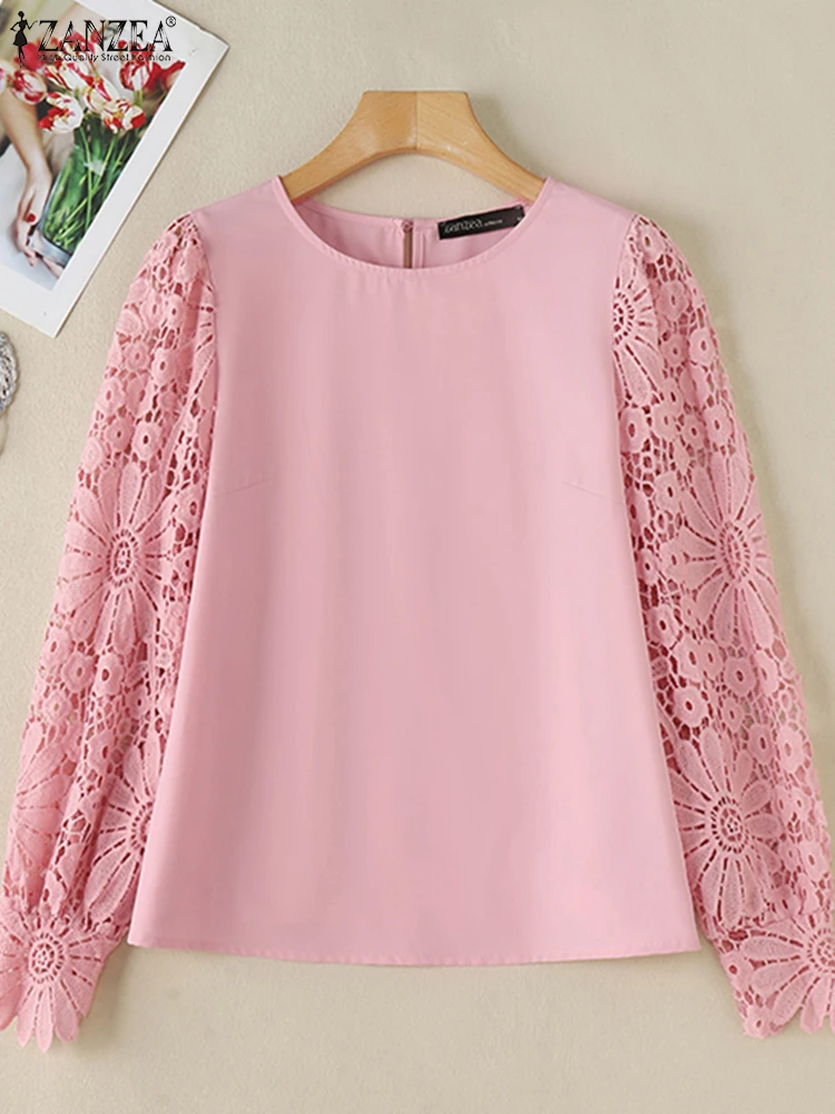 Elegant Women Long Sleeve Work Blouse Autumn Lace Crochet Shirt ZANZEA Bohemain Patchwork Holiday Blusas Spring Office OL Tops