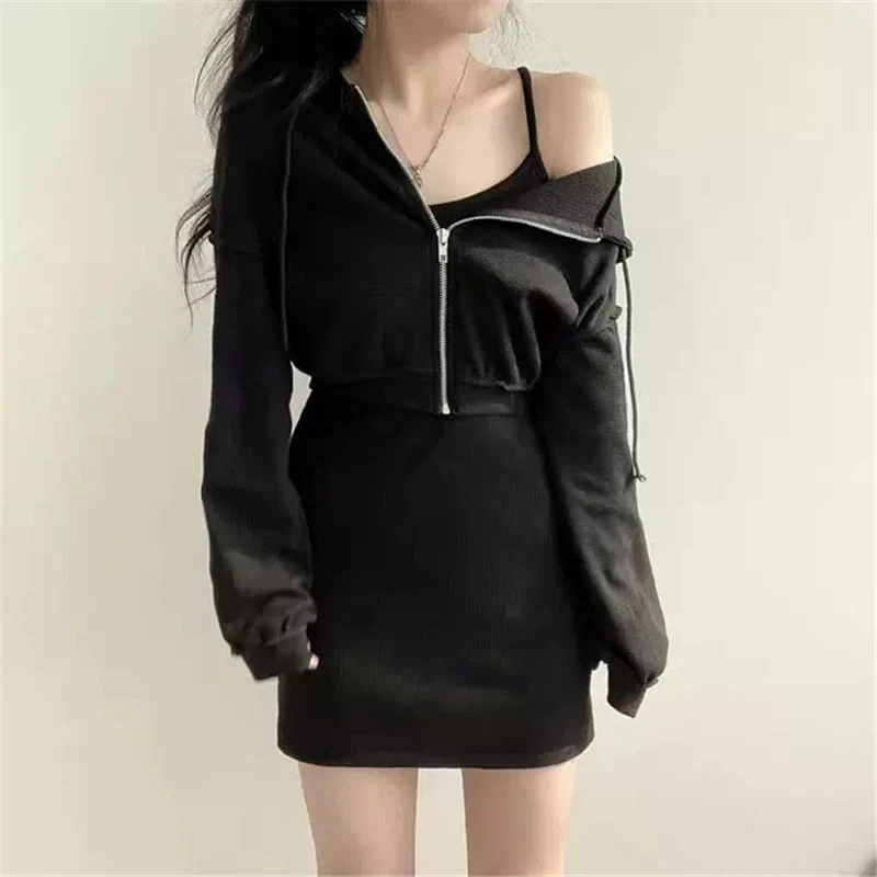 Y2K Black 2 Piece Set Women Sexy Spaghetti Strap Slim Mini Dress Zipper Hoodie Cropped Sweatshirt Cardigan Suit Outwear Coat