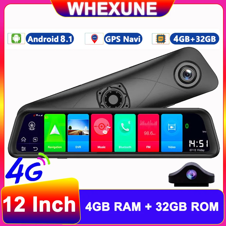 12 Inch 4G Car Rear View Mirror DVR Android 8.1 ADAS Dash Cam Camera Full HD 1080P GPS WiFi Dual Lens Video Recorder Registrator