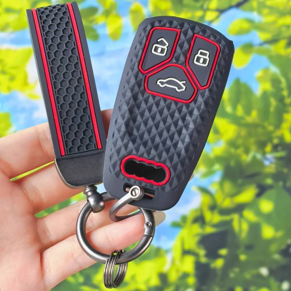 Sleek Red Hex Remote Key Case With Keychain For Audi A4 B9 A5 A6 8S 8W Q5 Q7 4M S4 S5 S7 TT Mk3 TTS TFSI RS Auto Protector Shell