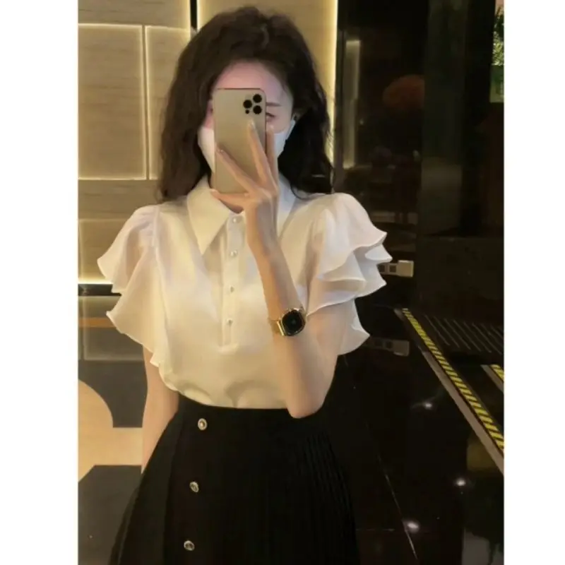 

French Style White Blouse Ruffle Shirt Women Summer New Polo Collar Short Sleeve Top Female 2025