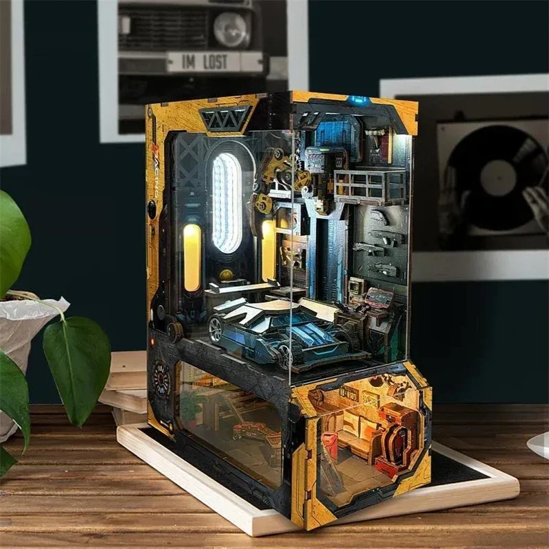 Automotive Workshop Bookshelf Home Bookend Decoration, Wooden DIY Book Nook Shelf Insert Miniature Kits For Adult Handmade Gifts