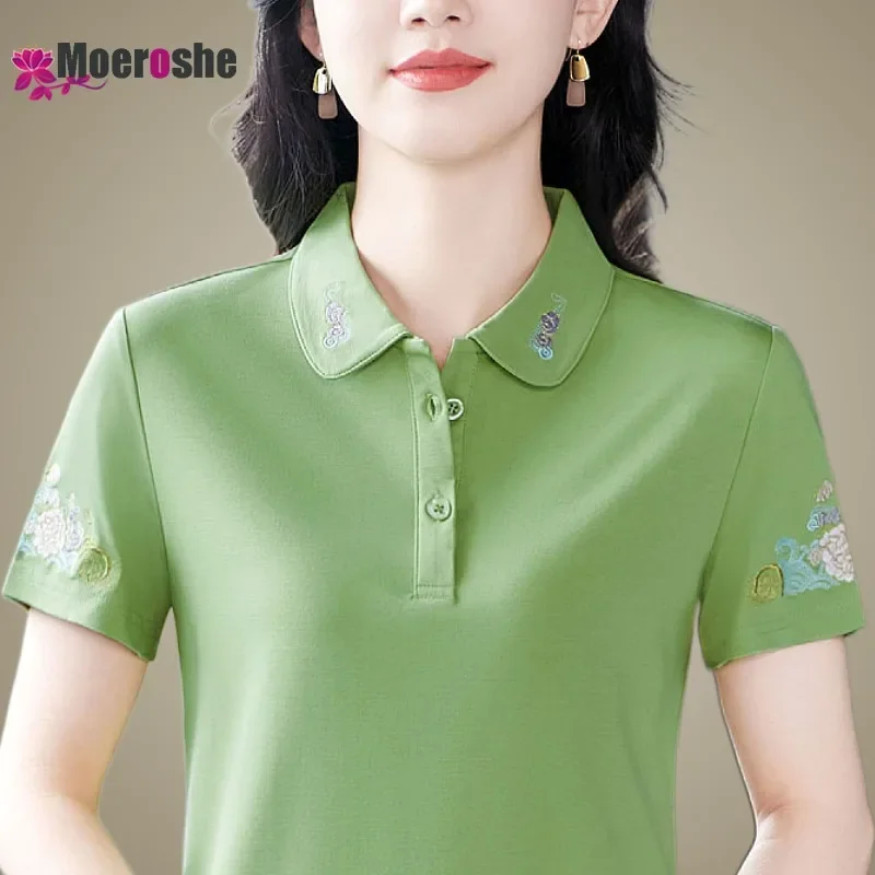 Summer Women's Embroidered Polo Shirt T-shirt Shirts Trend 2024 Basic T-shirts Short Sleeve Woman  Polo Shirt  Tshirt Feminina