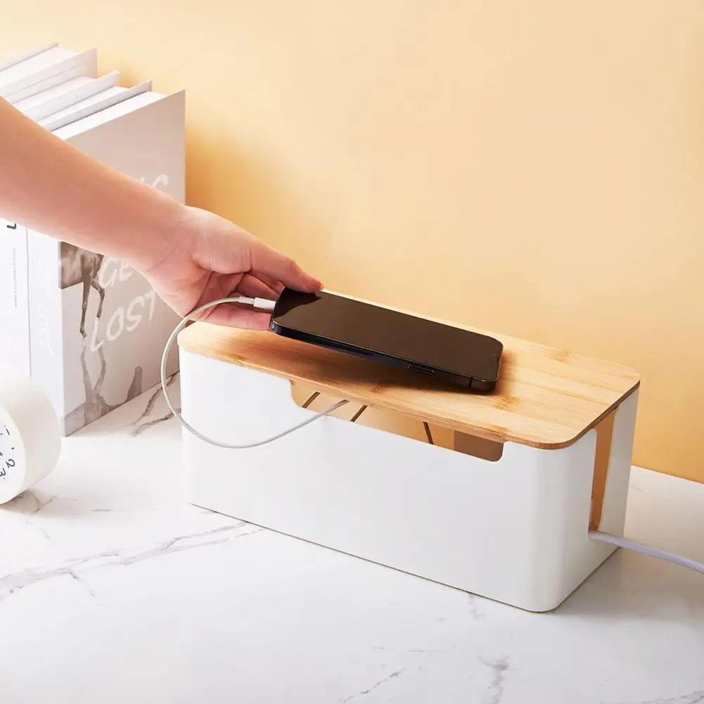 Cable Storage Box Wooden Power Line Wire Data Cable Management Organizer Anti-Dust Dust Charger Socket Storage Bin