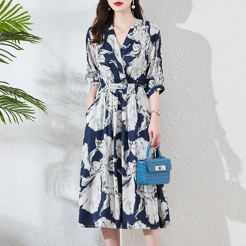 

Women Christmas Party dresses New Shell 8mm Mulberry Silk Dress Women XXXL Elegant Fashion Summer Office Lady Dresses