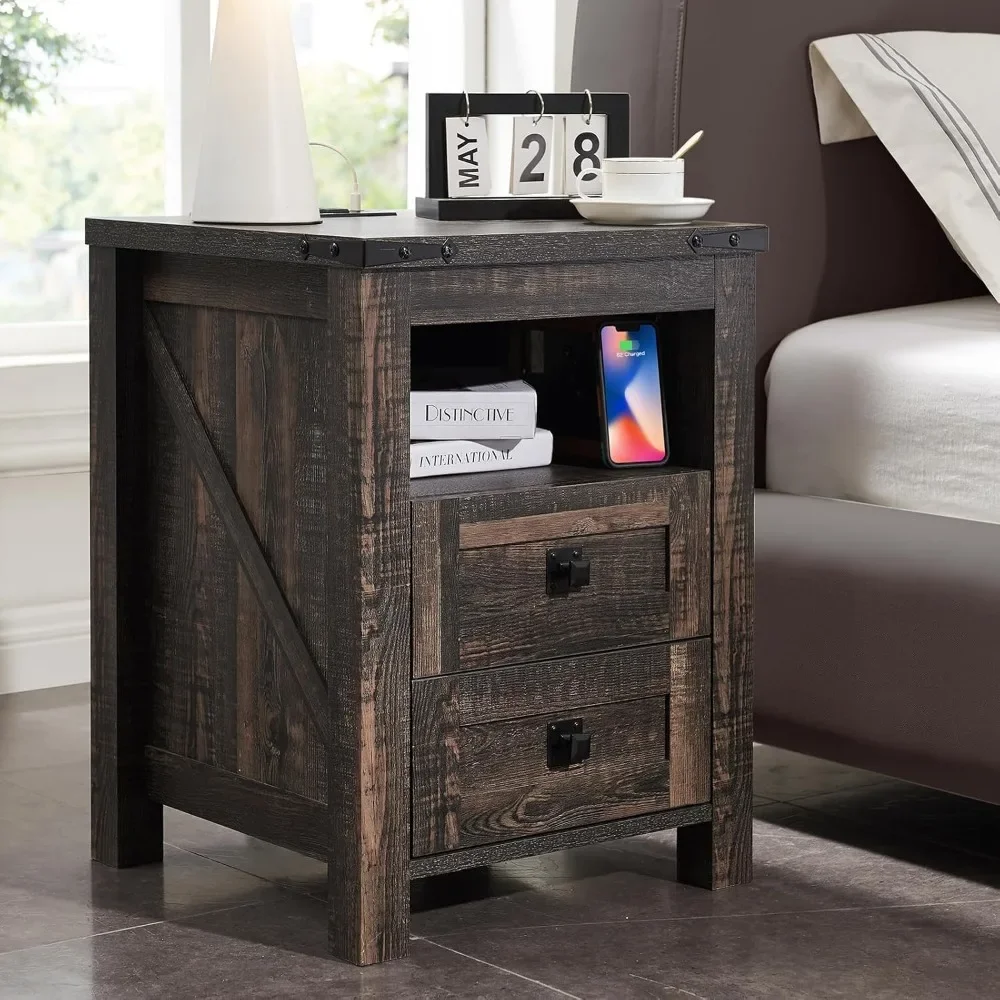 

Nightstand with Charging Station,Side Table with 2 Drawers Storage Cabinet for Bedroom,Living Room,Farmhouse Design, Wood Rustic