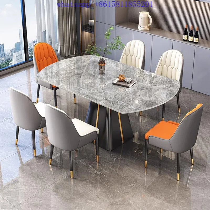 Telescopic round dining table, carefully selected light rock slab, upgraded carbon steel frame  dining tables and chairs set