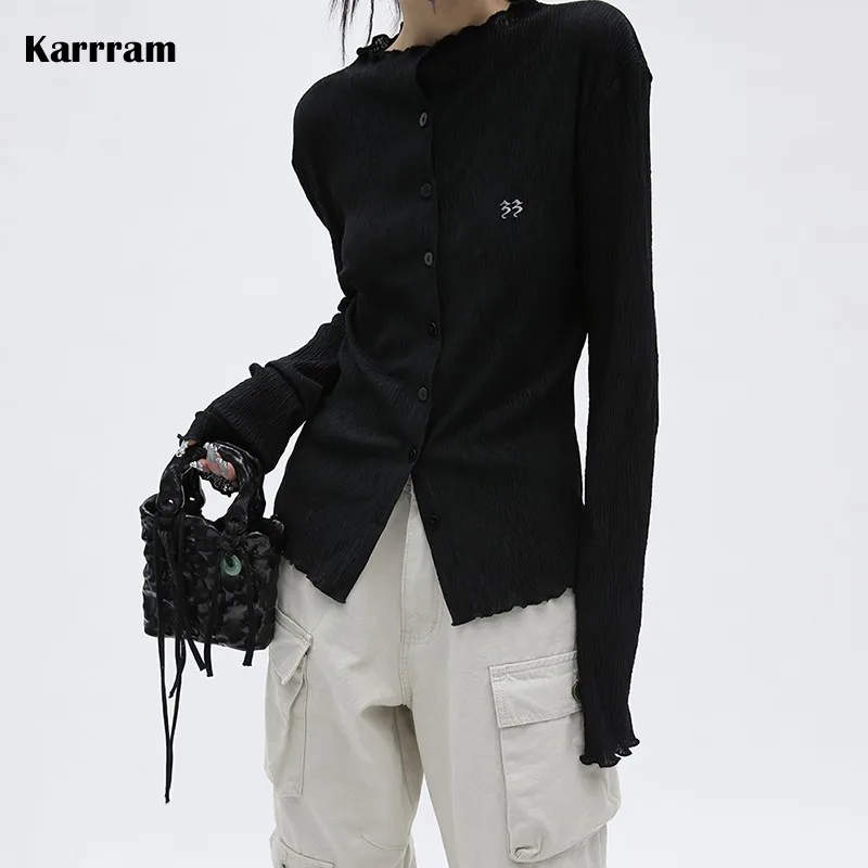 Karrram Yamamoto Style Black Shirt Dark Aesthetic Gothic Blouse Grunge Japanese Emo Alt Clothes Pleated Design Goth Shirt Y2k