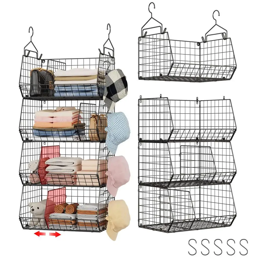 

Ярусный подвесной органайзер для шкафа с перегородками, очень большая подвесная полка для хранения с 5 S-образными крючками, 4 разделителя, подвесная на проволочной полке для шкафа